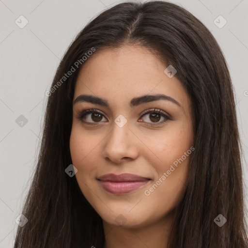 Joyful latino young-adult female with long  brown hair and brown eyes