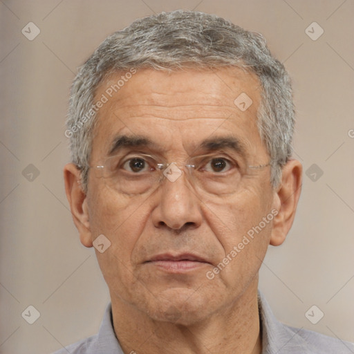 Neutral white middle-aged male with short  gray hair and brown eyes