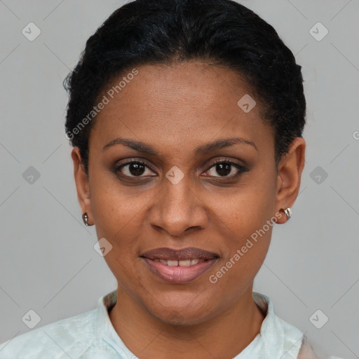 Joyful latino young-adult female with short  brown hair and brown eyes