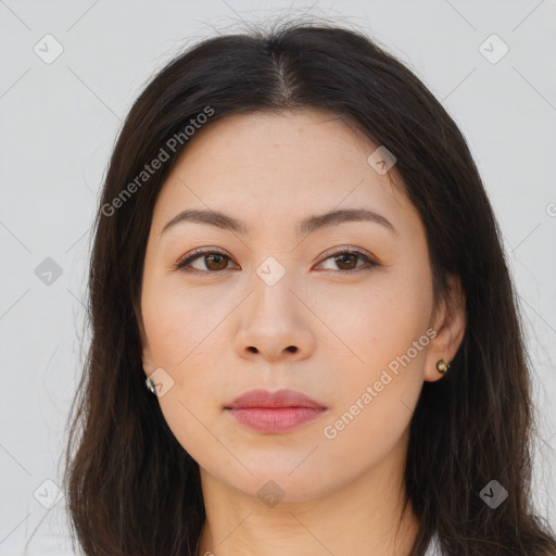 Neutral asian young-adult female with long  brown hair and brown eyes