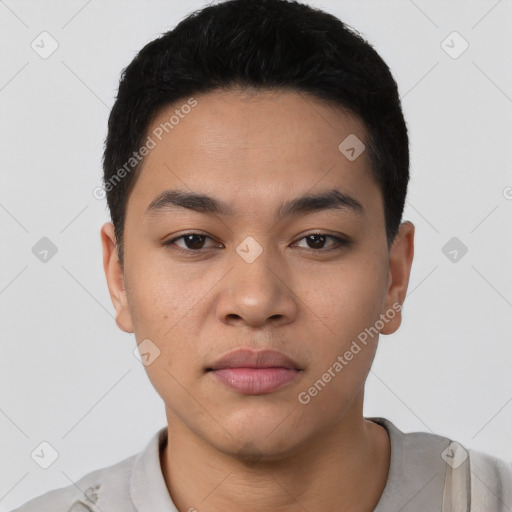 Neutral latino young-adult male with short  black hair and brown eyes