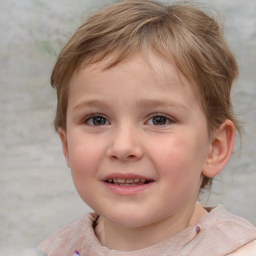 Joyful white child female with short  brown hair and grey eyes