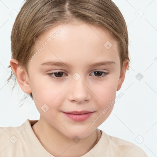 Joyful white child female with short  brown hair and brown eyes