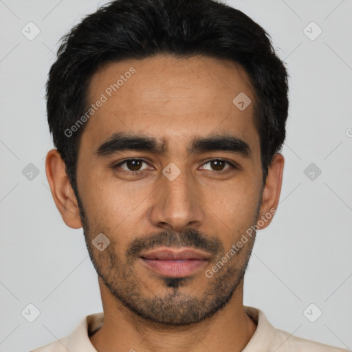 Neutral asian young-adult male with short  black hair and brown eyes