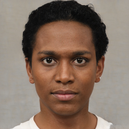 Neutral black young-adult male with short  black hair and brown eyes