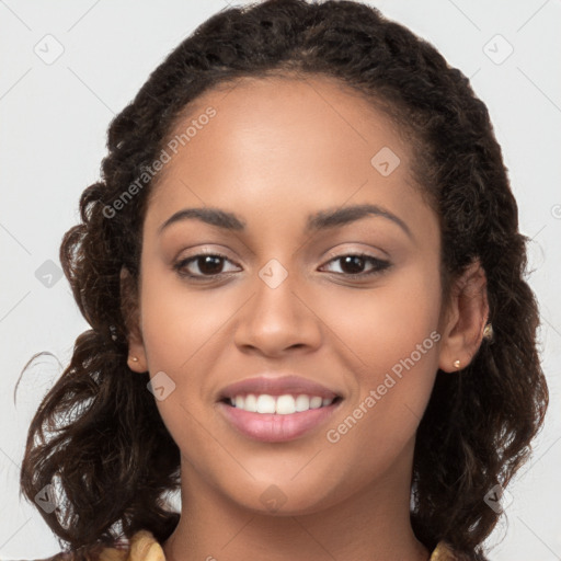 Joyful latino young-adult female with long  brown hair and brown eyes