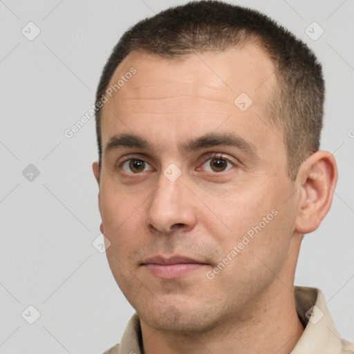 Neutral white adult male with short  brown hair and brown eyes