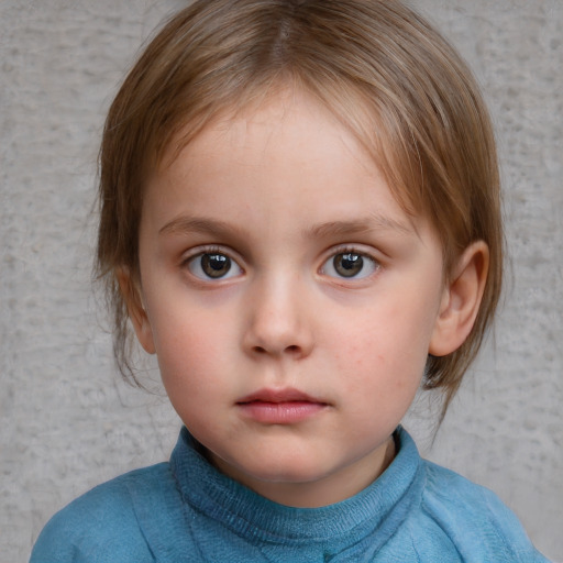 Neutral white child female with medium  brown hair and blue eyes