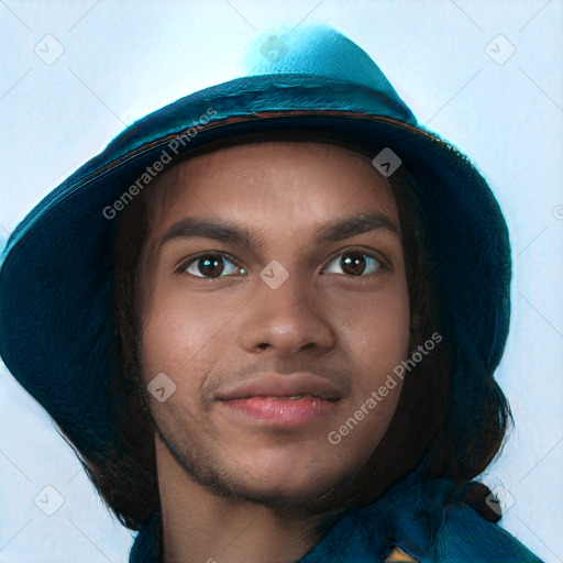 Joyful white young-adult male with short  brown hair and blue eyes