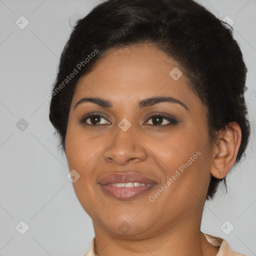 Joyful latino young-adult female with short  brown hair and brown eyes