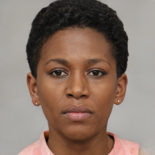Neutral latino young-adult female with short  brown hair and brown eyes