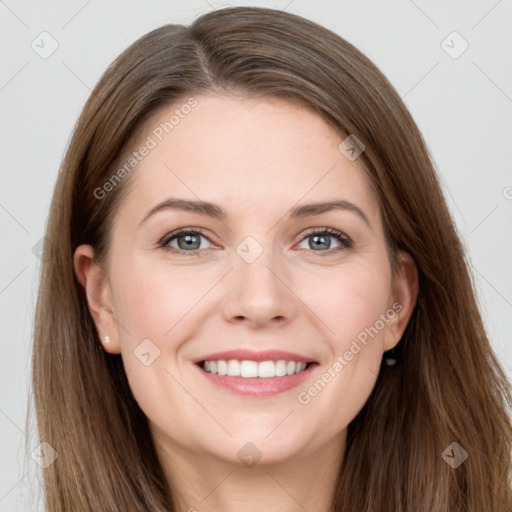 Joyful white young-adult female with long  brown hair and grey eyes