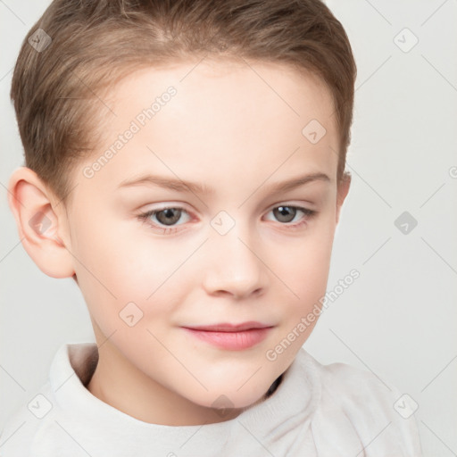 Joyful white child female with short  brown hair and brown eyes