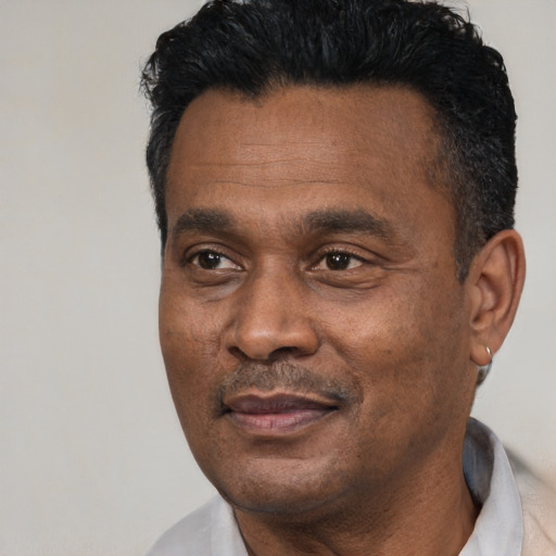 Joyful black adult male with short  black hair and brown eyes