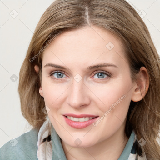 Joyful white young-adult female with medium  brown hair and blue eyes