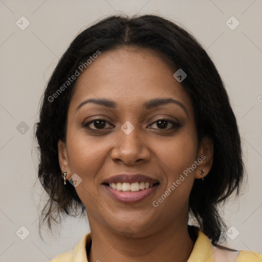 Joyful latino young-adult female with medium  brown hair and brown eyes