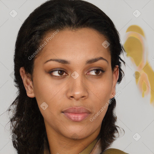 Neutral black young-adult female with medium  brown hair and brown eyes