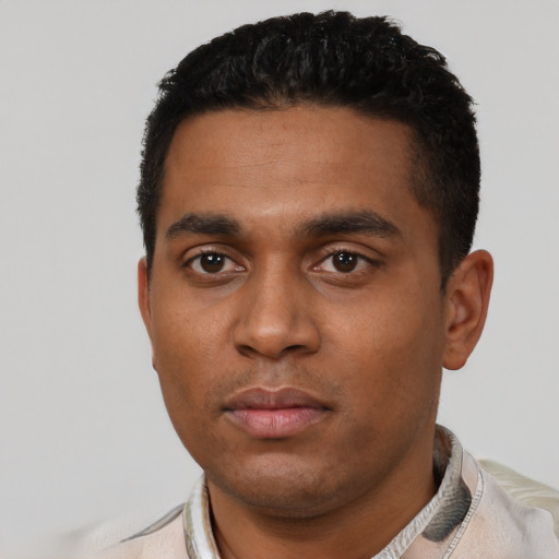 Neutral latino young-adult male with short  black hair and brown eyes