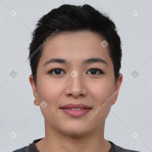 Joyful asian young-adult female with short  brown hair and brown eyes