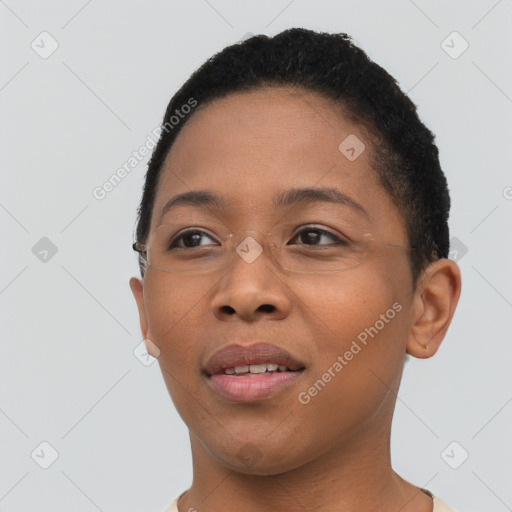 Joyful latino young-adult female with short  brown hair and brown eyes