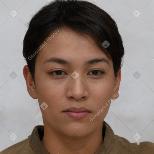 Neutral asian young-adult female with short  brown hair and brown eyes