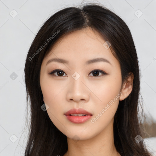 Neutral asian young-adult female with long  brown hair and brown eyes