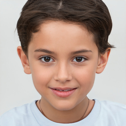 Joyful white child female with short  brown hair and brown eyes