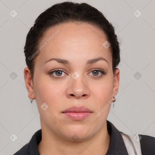 Neutral white young-adult female with short  brown hair and brown eyes