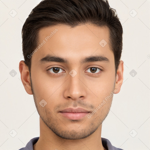 Neutral white young-adult male with short  brown hair and brown eyes