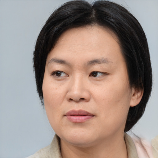 Joyful asian adult female with medium  brown hair and brown eyes