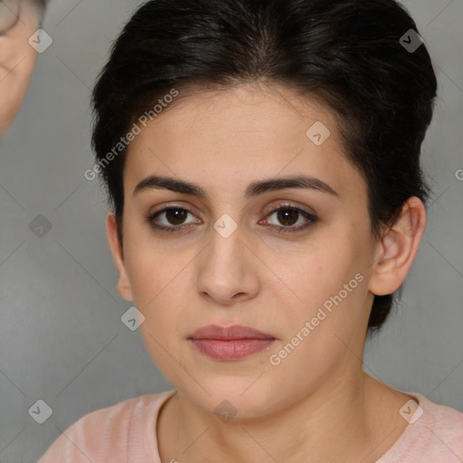 Neutral white young-adult female with short  brown hair and brown eyes