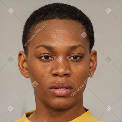 Neutral black young-adult female with short  brown hair and brown eyes