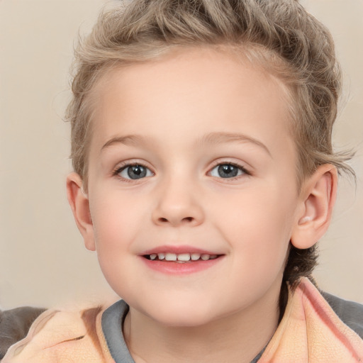 Joyful white child female with short  brown hair and grey eyes