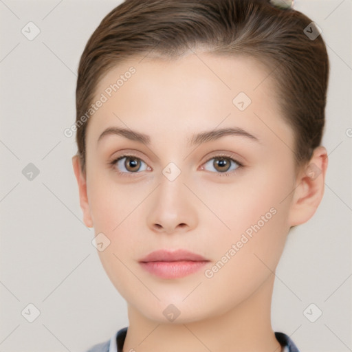 Neutral white young-adult female with short  brown hair and brown eyes