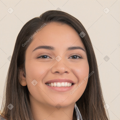 Joyful white young-adult female with long  black hair and brown eyes