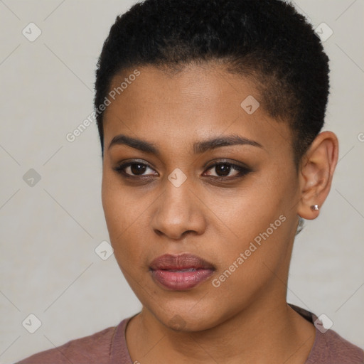 Neutral black young-adult female with short  brown hair and brown eyes