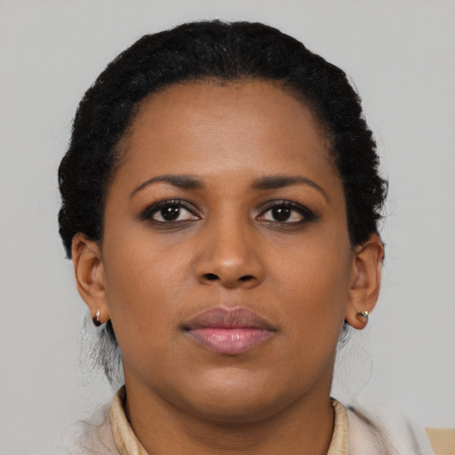 Neutral black young-adult female with short  black hair and brown eyes