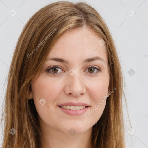 Joyful white young-adult female with long  brown hair and green eyes