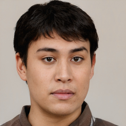Neutral asian young-adult male with short  brown hair and brown eyes