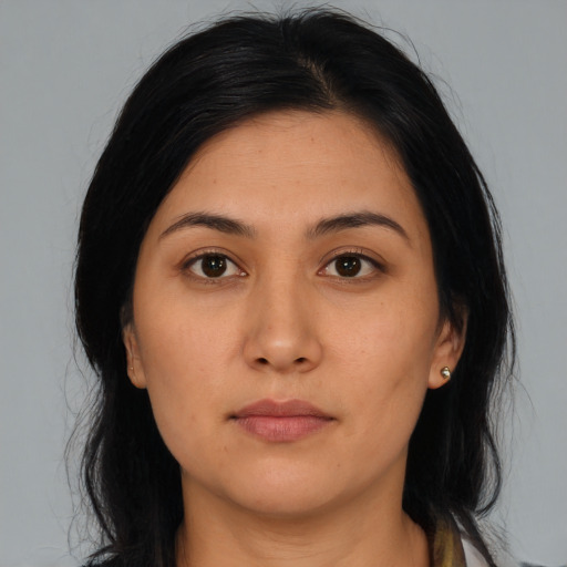 Neutral asian young-adult female with medium  black hair and brown eyes