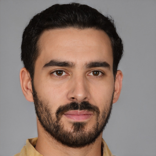 Neutral latino young-adult male with short  black hair and brown eyes