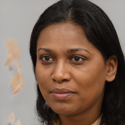 Joyful black adult female with medium  brown hair and brown eyes