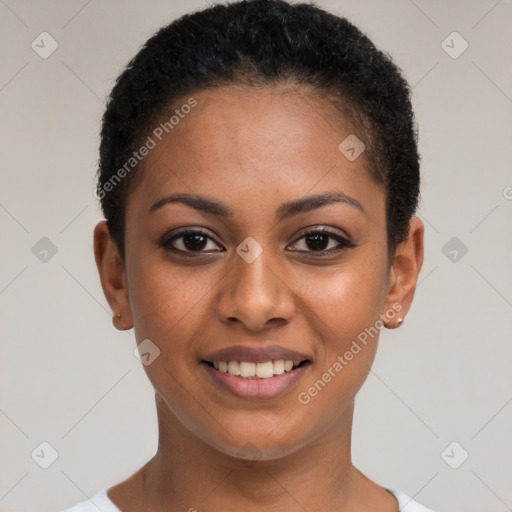 Joyful latino young-adult female with short  brown hair and brown eyes