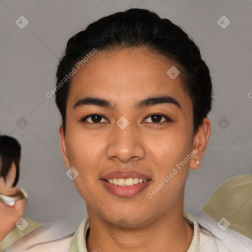 Joyful latino young-adult female with short  black hair and brown eyes