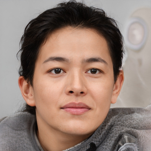 Joyful white young-adult male with medium  brown hair and brown eyes