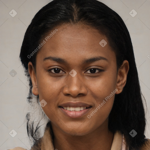 Joyful black young-adult female with medium  black hair and brown eyes