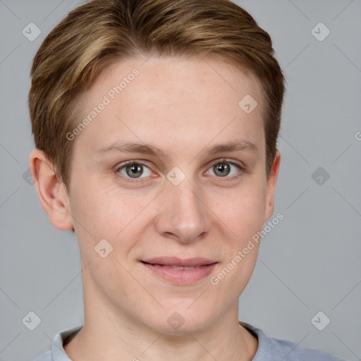 Joyful white young-adult female with short  brown hair and grey eyes