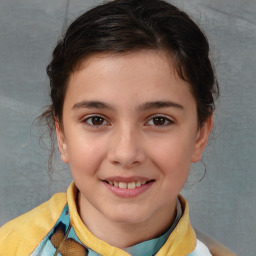 Joyful white child female with short  brown hair and brown eyes