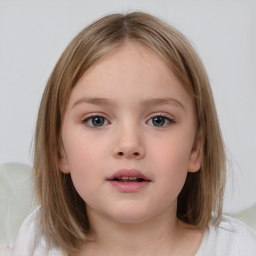 Neutral white child female with medium  brown hair and grey eyes