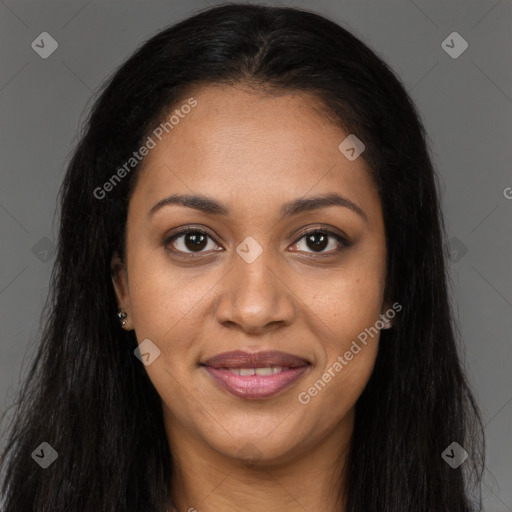 Joyful black young-adult female with long  brown hair and brown eyes